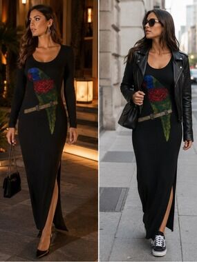 Just Angel Elegant Black Dress with Parrot embellished in Crystals Sz M